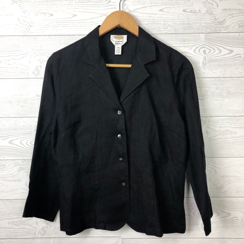 Talbots Women's Size 10 Button Front Shirt 100% Irish Linen Long Sleeve Black